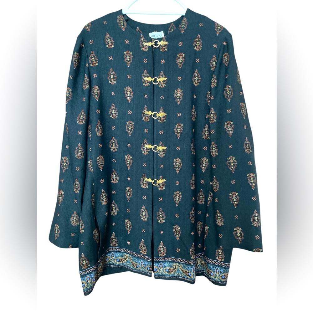 Vintage 80’s R&M Richards Women’s Black Tunic Top Elaborate Gold Front Hooks 16